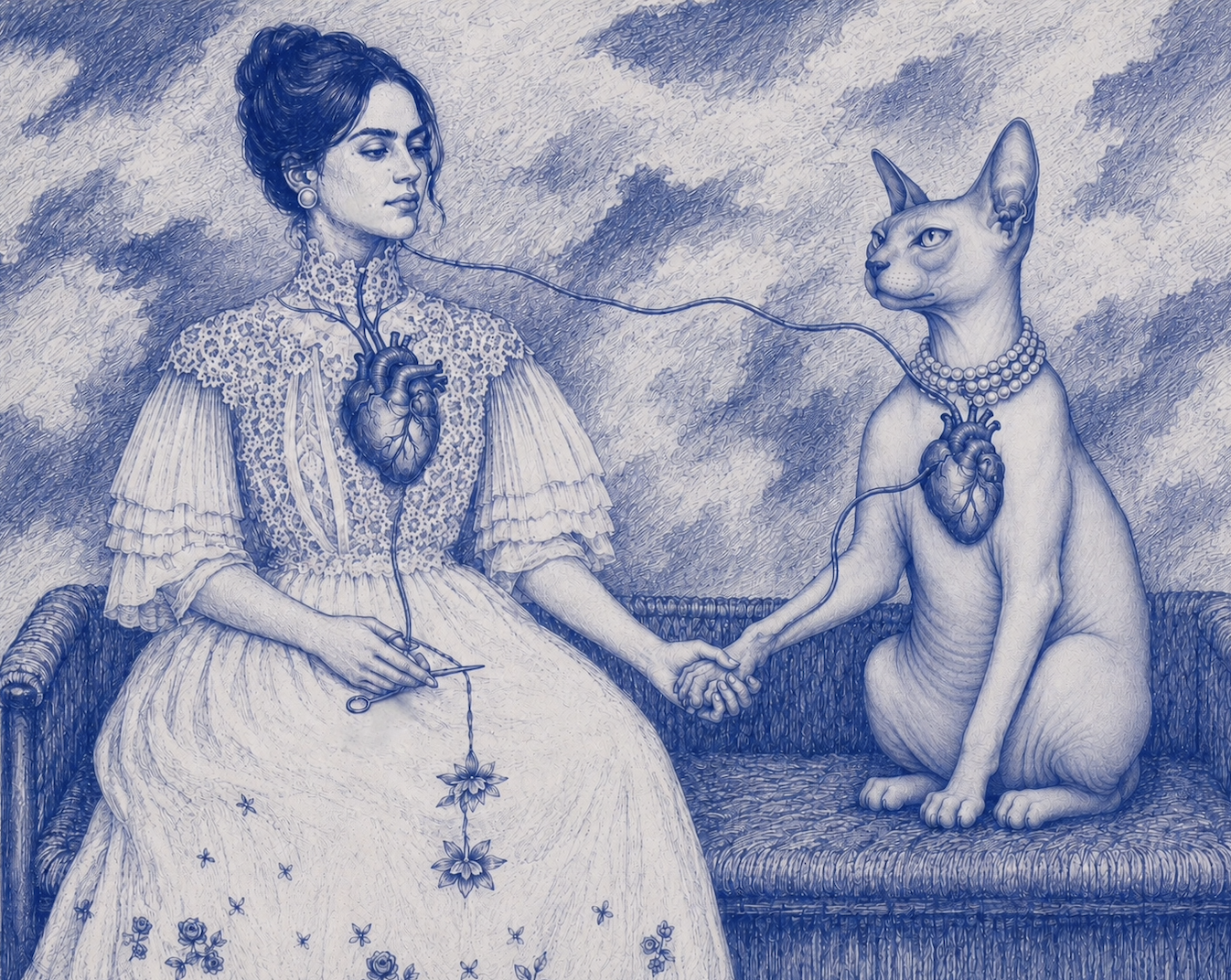 Original illustration: a woman and a cat seated on a bench, joined by a thread between their hearts